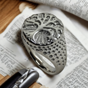 stainless steel tree of life ring on white fabric background