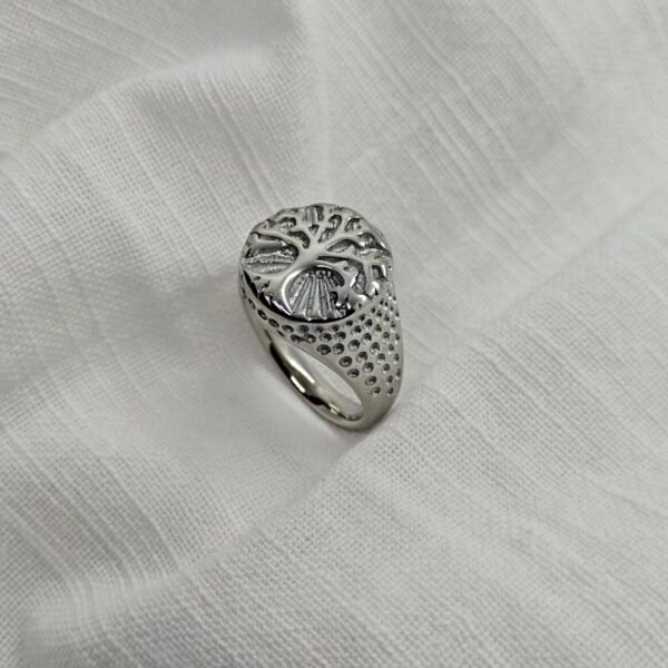 Size 12 Stainless steel Tree of Life ring with carved detailing on band.