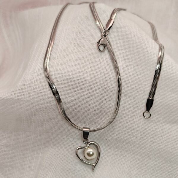 Alternative view of Stainless Steel Heart Pendant Necklace with Pearl Center