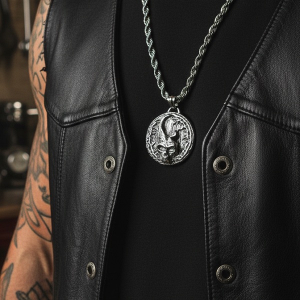 “Viking skull stainless steel pendant necklace with rope chain.”