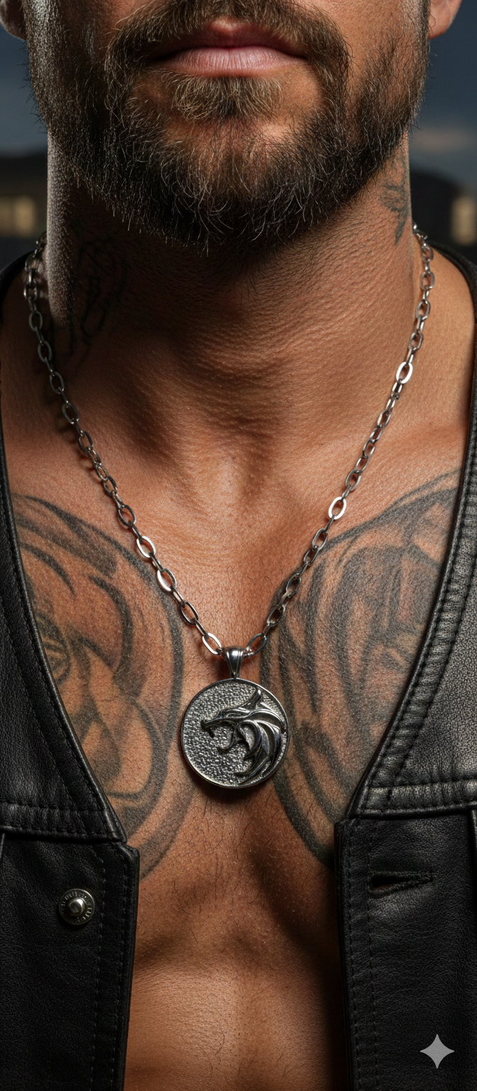“Wolf head stainless steel pendant necklace with oval chain.”