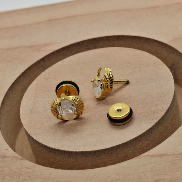 winged heart screw back earrings gold with clear stone