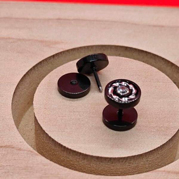 black gear stud earrings with crystal center