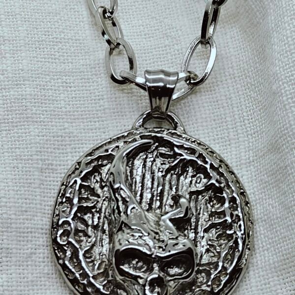 “Viking skull stainless steel pendant necklace with oval chain.”