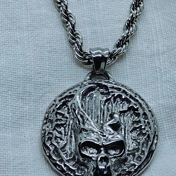 “Viking skull stainless steel pendant necklace with 24" rope chain.”