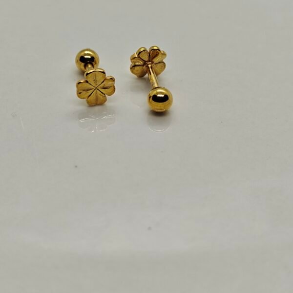 Gold flower screw back stainless steel gold plated earrings on white background