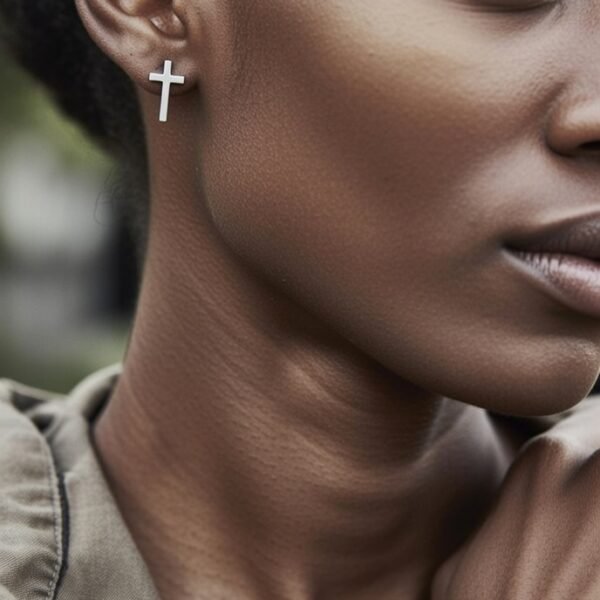 “Stainless steel cross screwback stud earring worn on ear.”