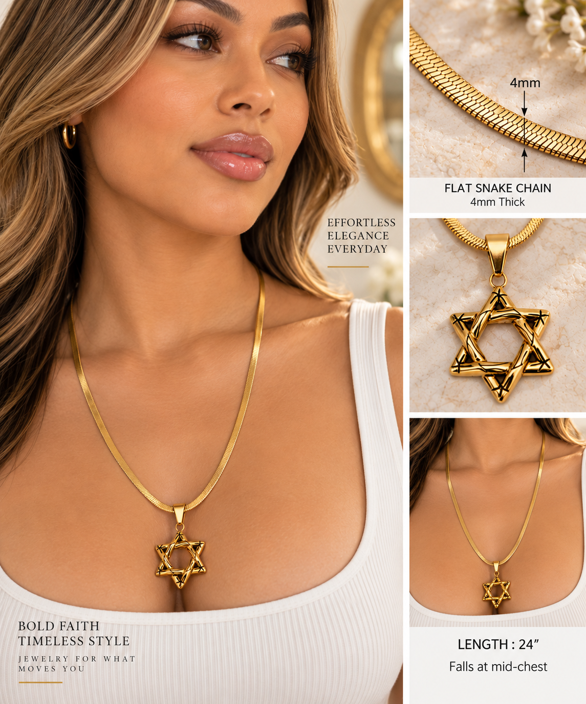 Gold Star of David pendant with 4mm snake link necklace