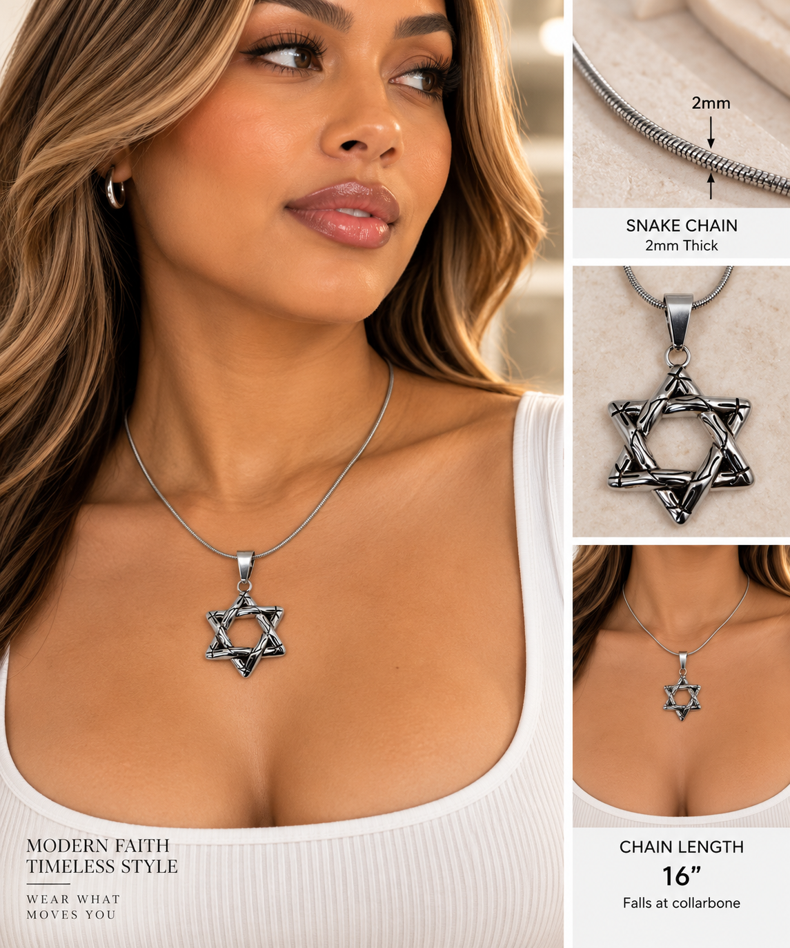 Stainless steel Star of David pendant with 2mm snake chain