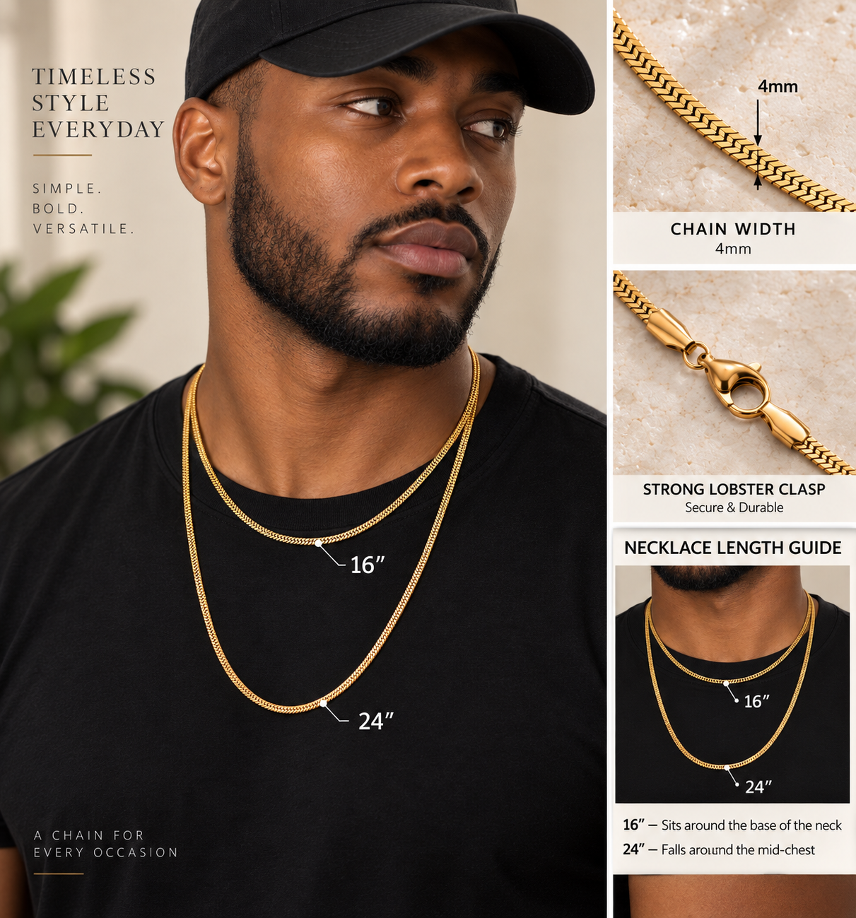 Man wearing a 24 inch gold plated chain necklace