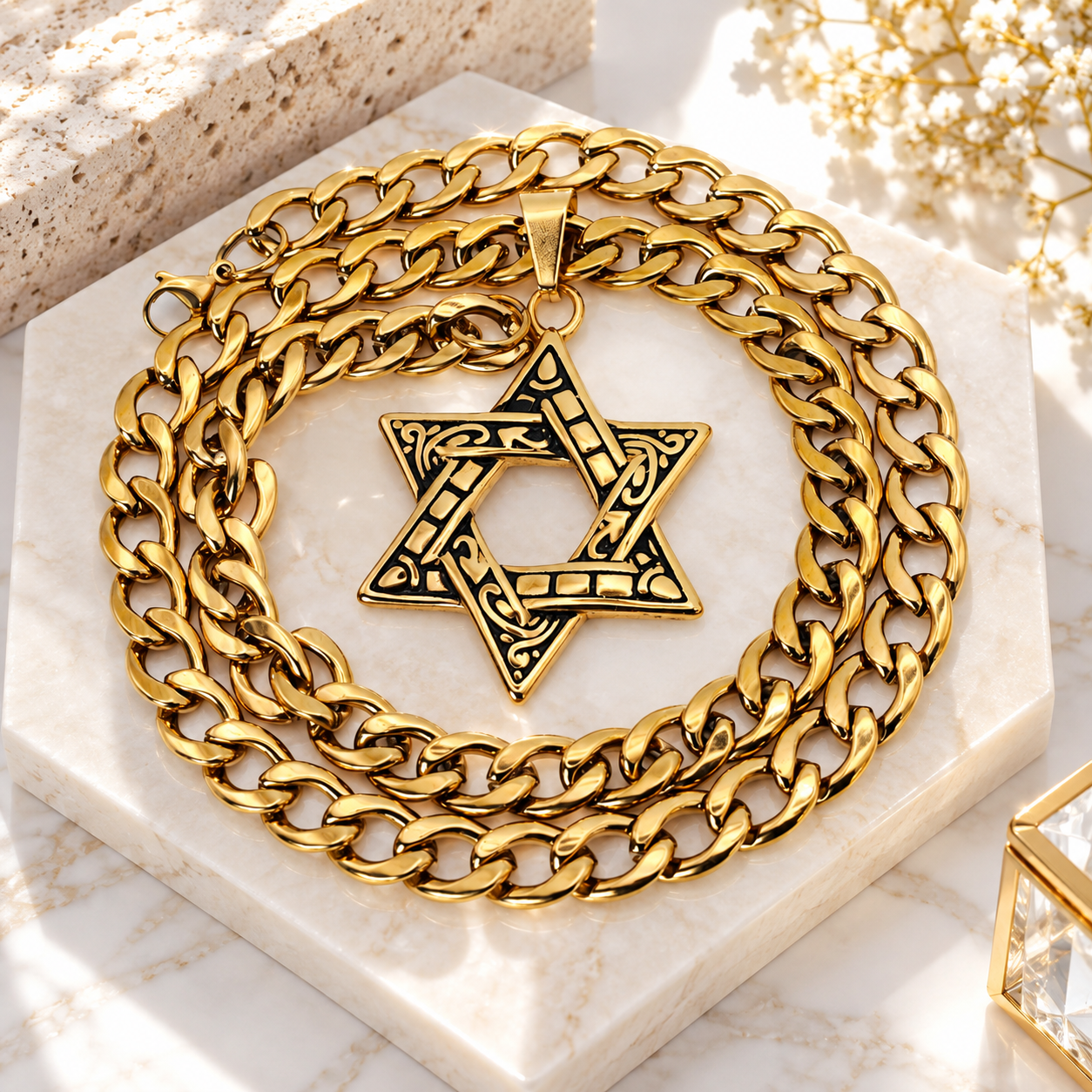 HERDISE Star of David pendant necklace with gold Cuban link chain
