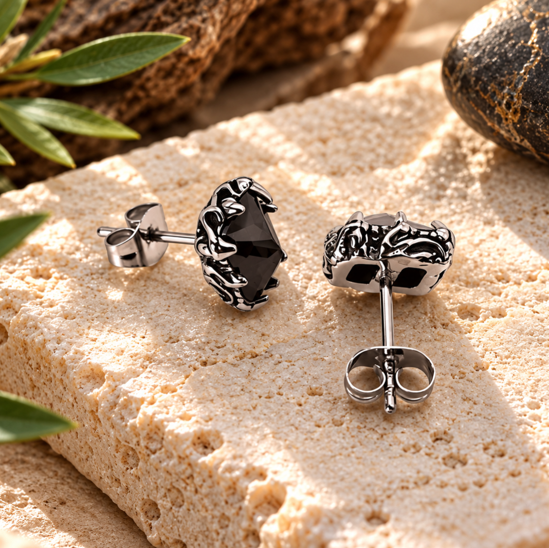 Gothic black zircon stud earrings in stainless steel