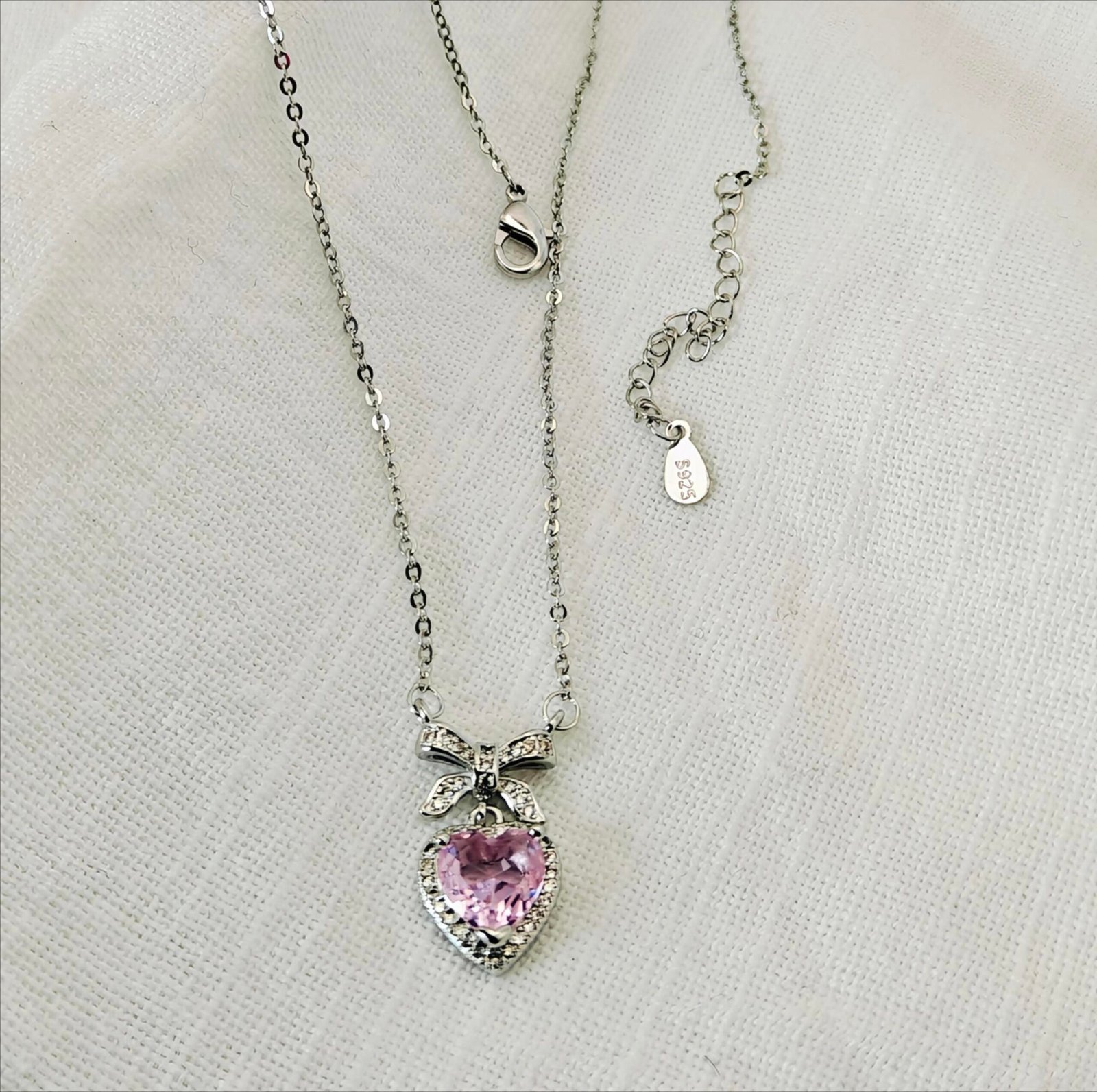Rosé Amour – Pink Crystal Heart & Bow Necklace | Silver Tone - Image 2