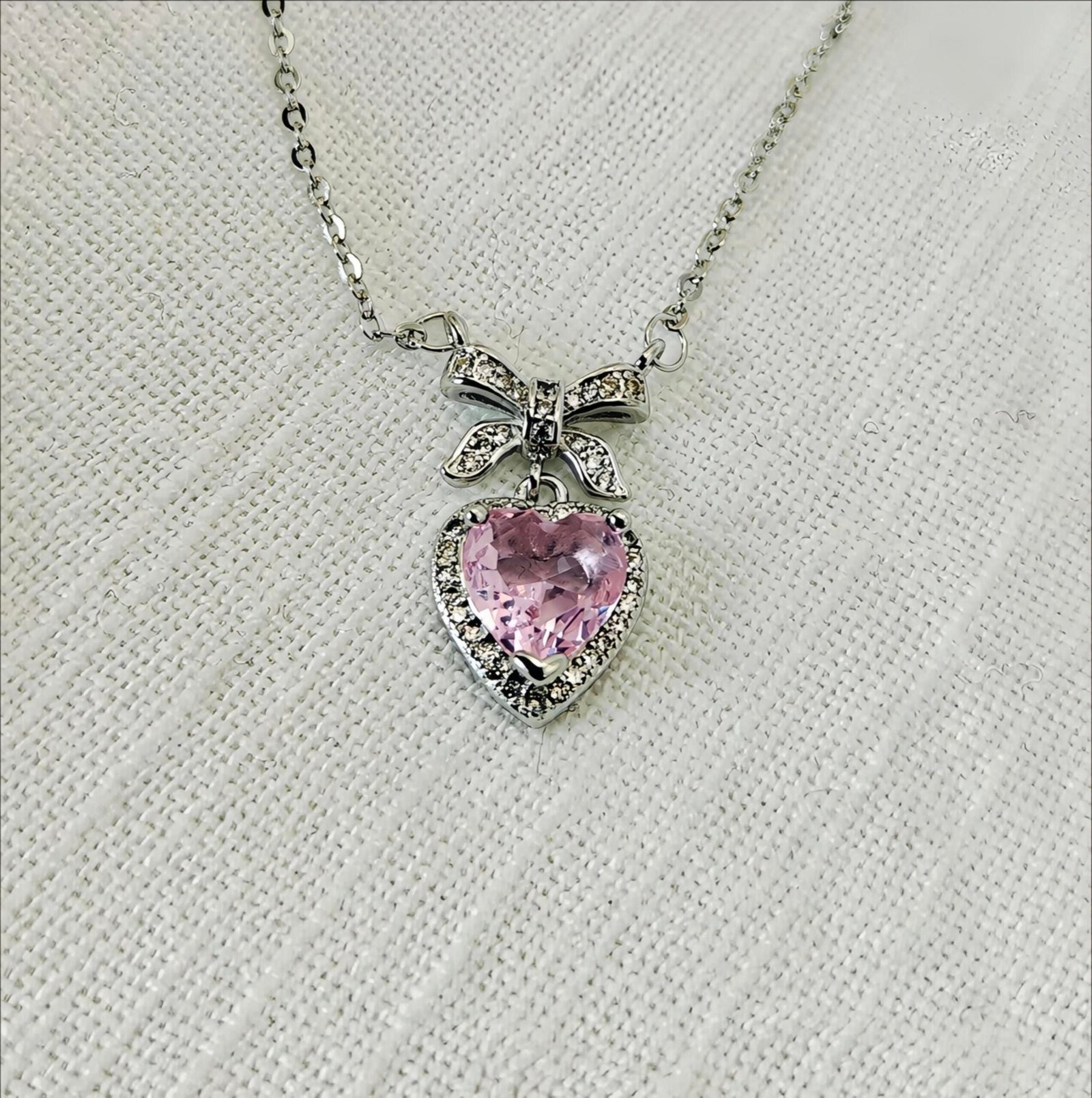 Rosé Amour – Pink Crystal Heart & Bow Necklace | Silver Tone - Image 3