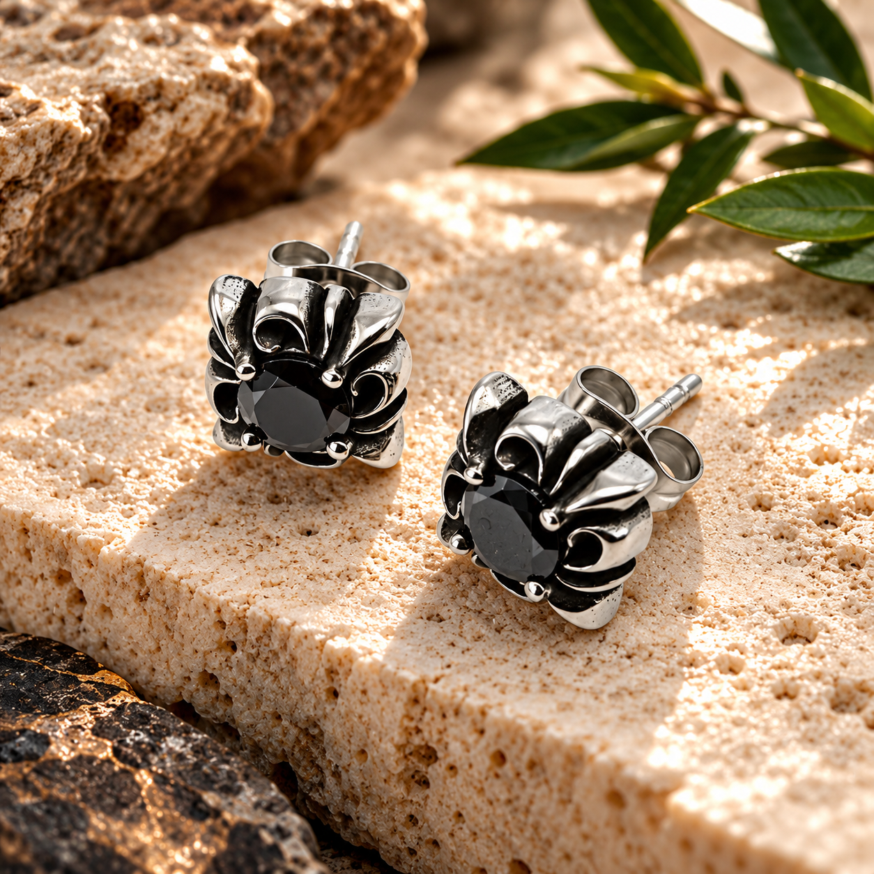 Gothic fleur-de-lis black zircon stainless steel stud earrings