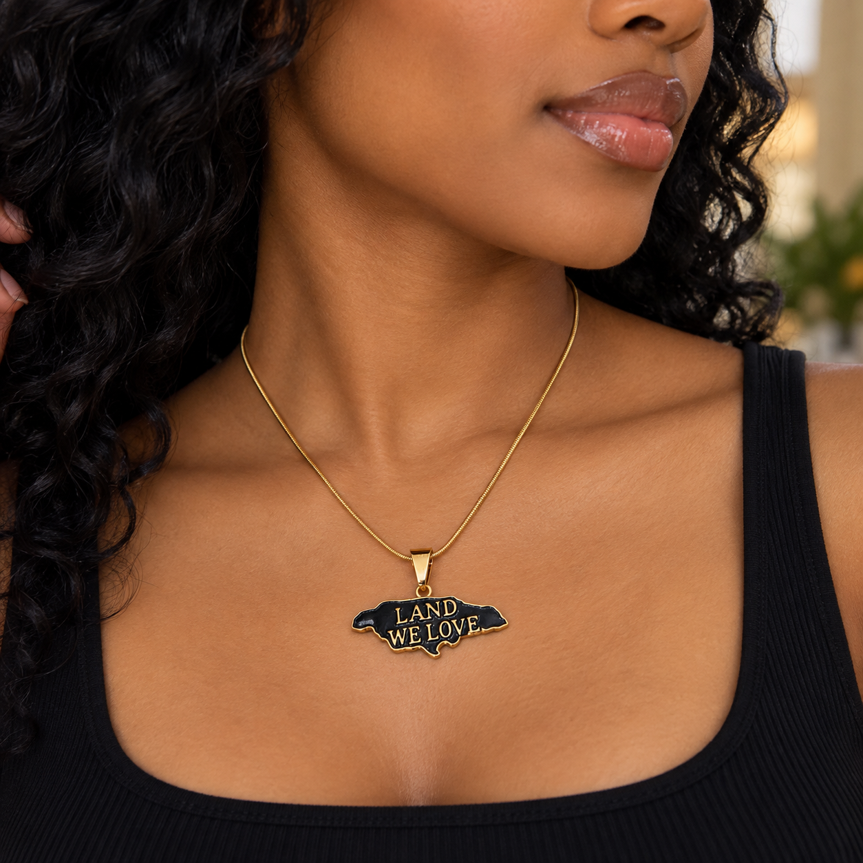 Jamaica map pendant stainlesssteel with Land We Love lettering with 16inch x 2mm chain link