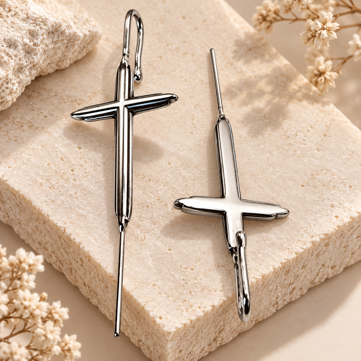 Silver Crossline industrial-style ear crawler featuring a polished cross design