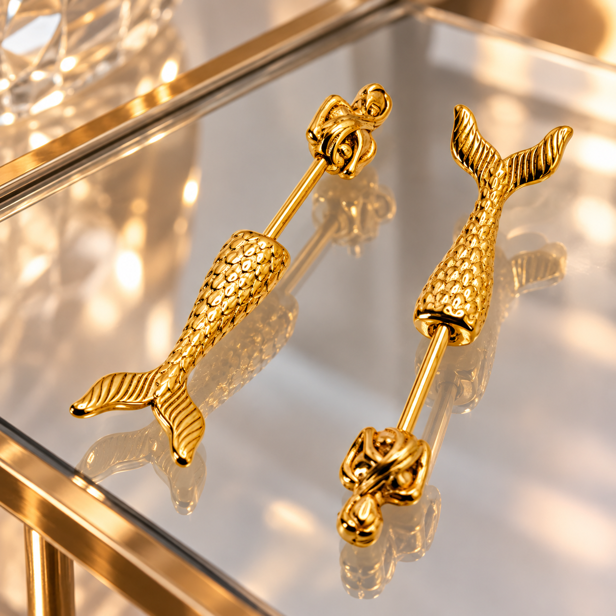 Gold-plated stainless steel mermaid tail industrial barbell with decorative nautical knot